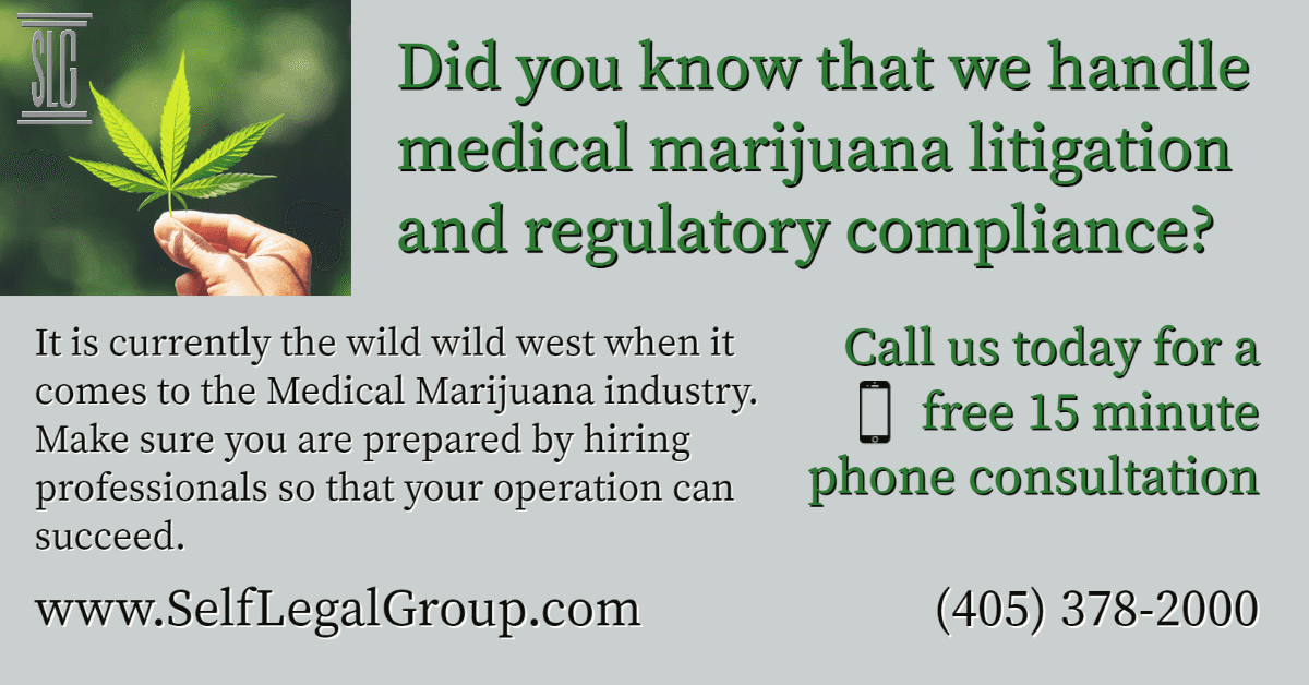 Image of marijuana leaf with text "Did you know that we handle medical marijuana litigation and regulatory compliance?